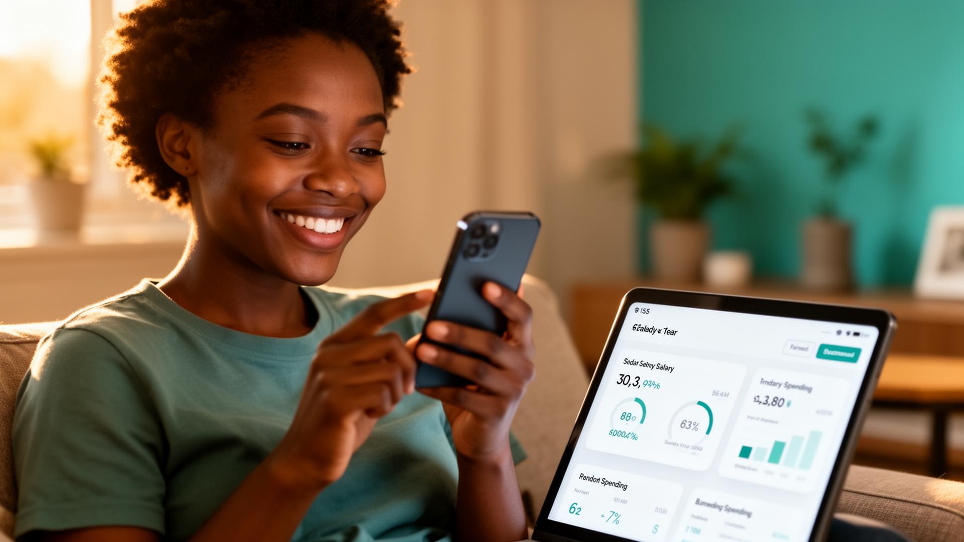 An employee at home checking her Altura spending limit on her phone