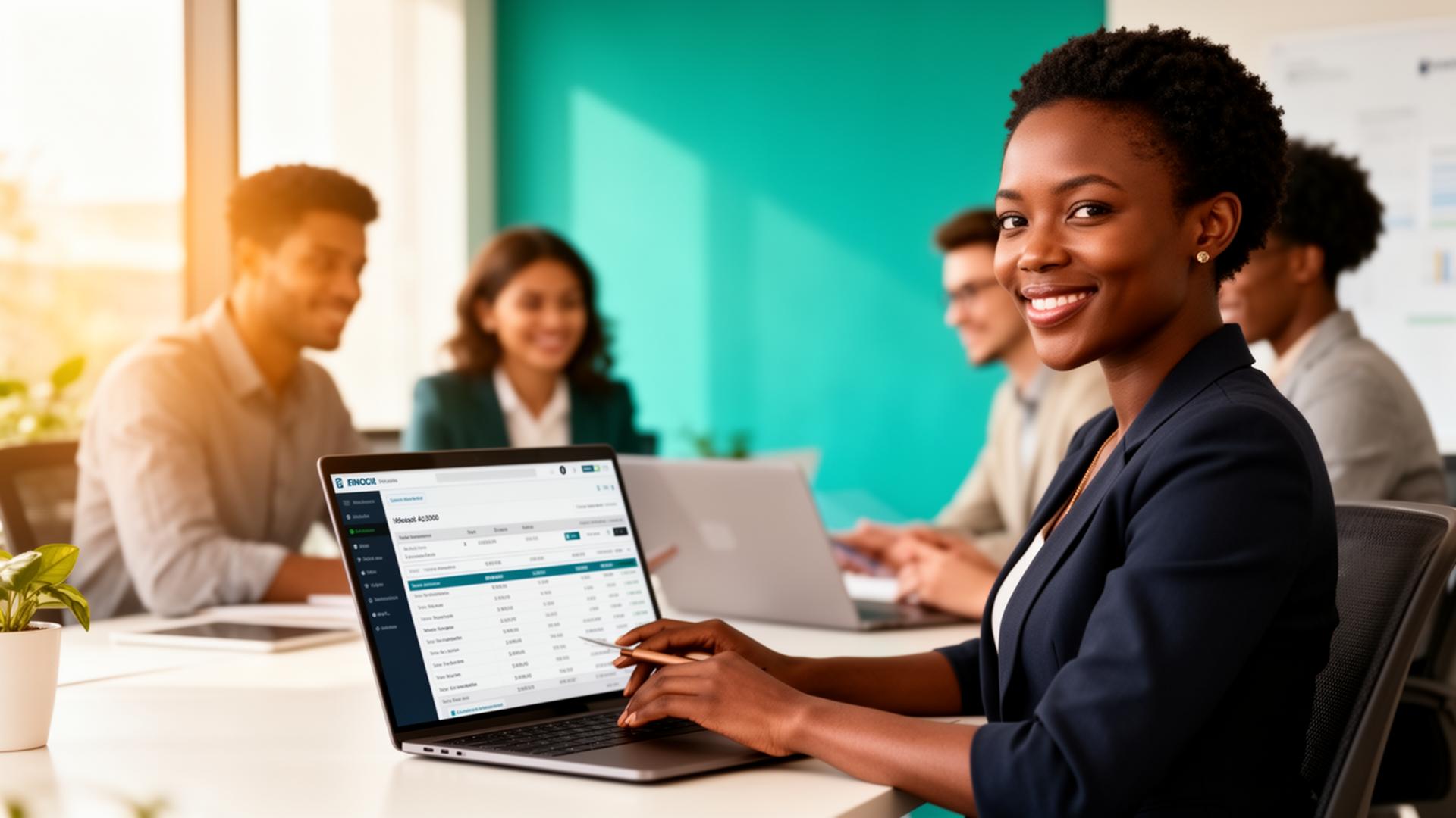 An HR manager reviewing payroll on a laptop with colleagues collaborating