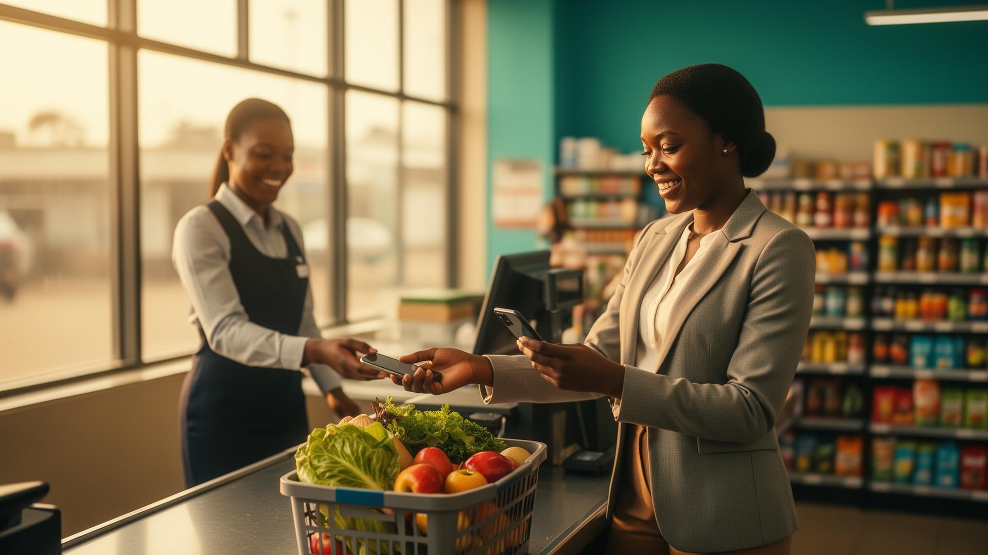 An Altura customer paying for groceries with her phone at a partner retailer checkout